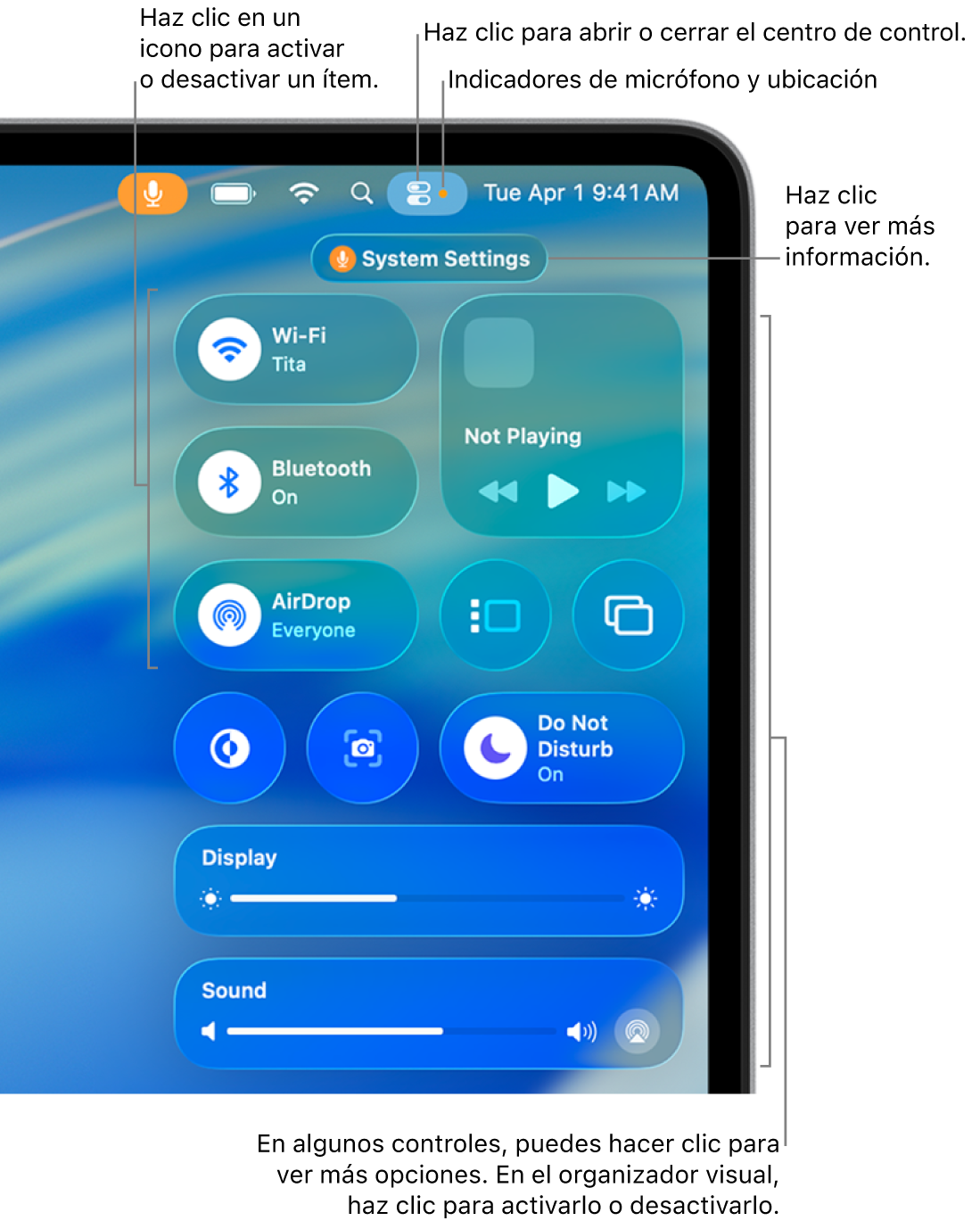 El centro de control en la parte superior derecha de la pantalla, con controles para Wi-Fi, “Modos de concentración”, Sonido y “Ahora suena”, entre otros.