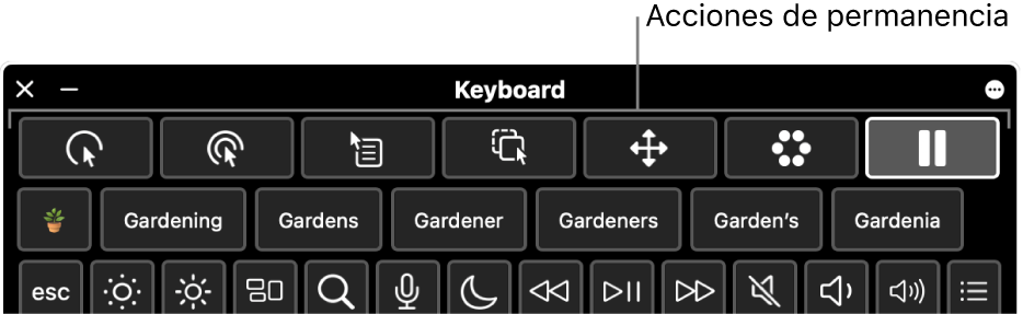 Los botones de acción de la permanencia se encuentran en la parte superior del teclado de accesibilidad.