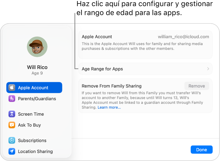 Ajustes de la cuenta de Apple de un menor mostrados en el Mac, donde se indica cómo ajustar y gestionar el rango de edad para las apps.