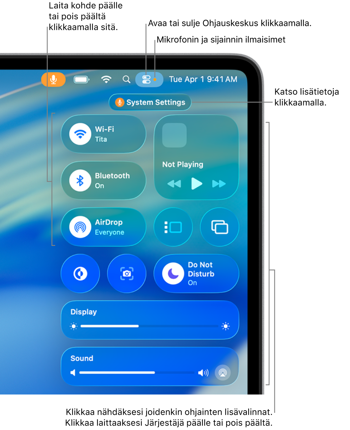 Ohjauskeskus näytön oikeassa yläosassa. Näkyvillä ovat muun muassa seuraavat säätimet: Wi-Fi, Keskity, Ääni ja Toistossa nyt.