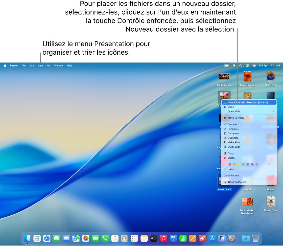 Un bureau qui contient des fichiers et des dossiers. Plusieurs fichiers sont sélectionnés pour être placés dans un nouveau dossier. Le menu contextuel d’un fichier sélectionné s’affiche avec l’option « Nouveau dossier avec la sélection » choisie.