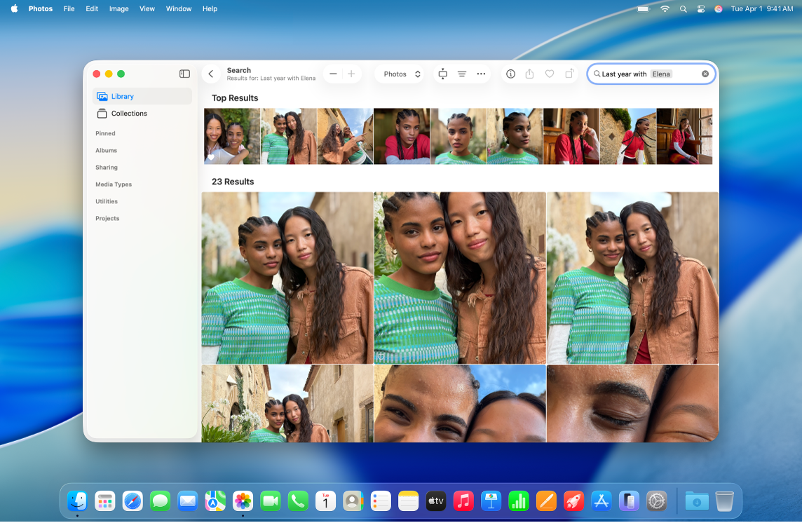 Bureau d’un Mac qui affiche l’app Photos. Le champ de recherche affiche une recherche en langage naturel, avec les résultats de recherche issus de la bibliothèque ci-dessous.