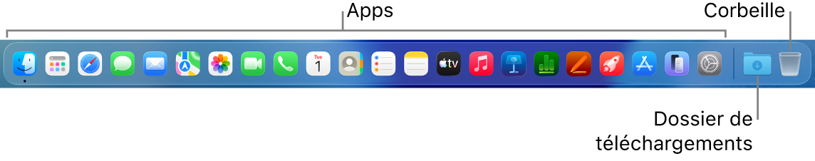 Le Dock comporte les icônes des apps, du dossier Téléchargements et de la corbeille.