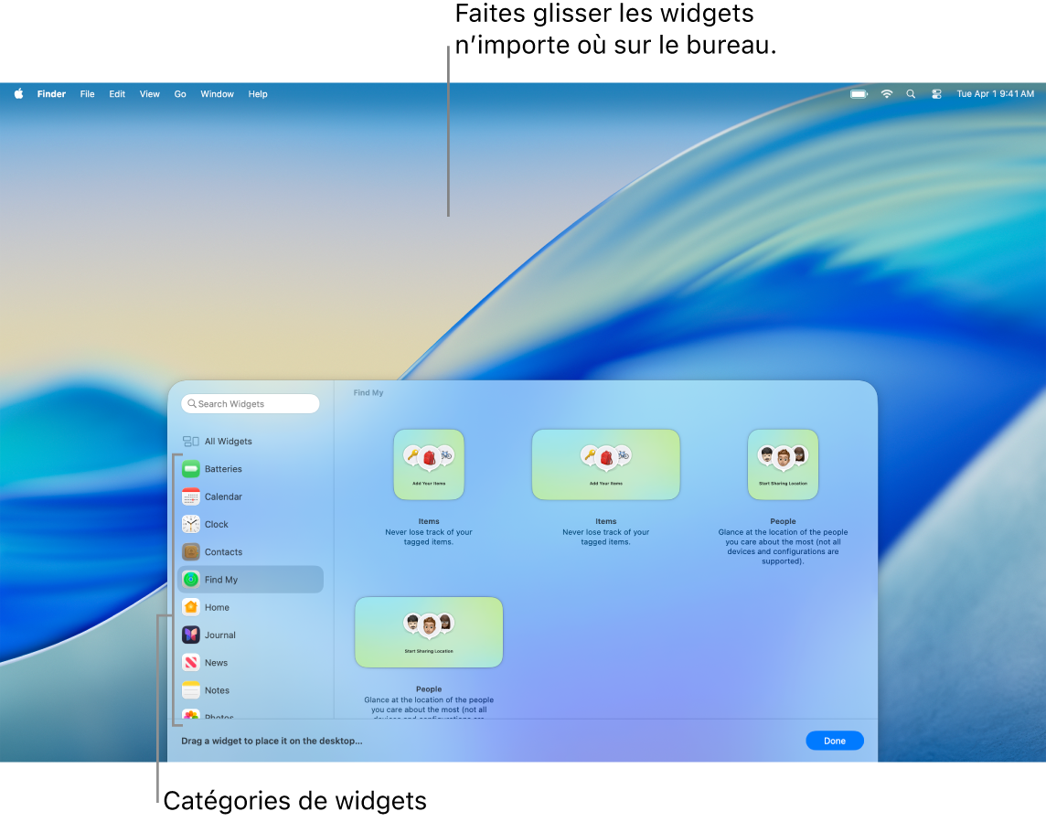 La galerie de widgets qui affiche la liste de catégories de widgets à gauche et les widgets disponibles à droite.