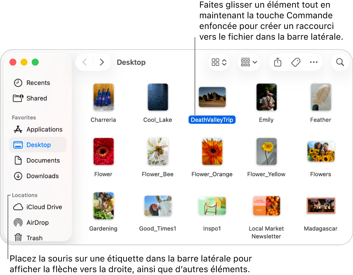 Une flèche apparaît à droite de Emplacements dans la barre latérale du Finder et permet d’afficher d’autres éléments. Un fichier est sélectionné dans la fenêtre du Finder sur la droite et la barre latérale contient un raccourci vers le fichier, sous Favoris.
