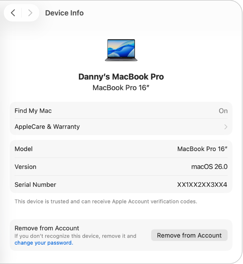 חלון של הגדרות חשבון Apple שמציג את הפרטים של מכשיר מהימן עבור חשבון קיים.