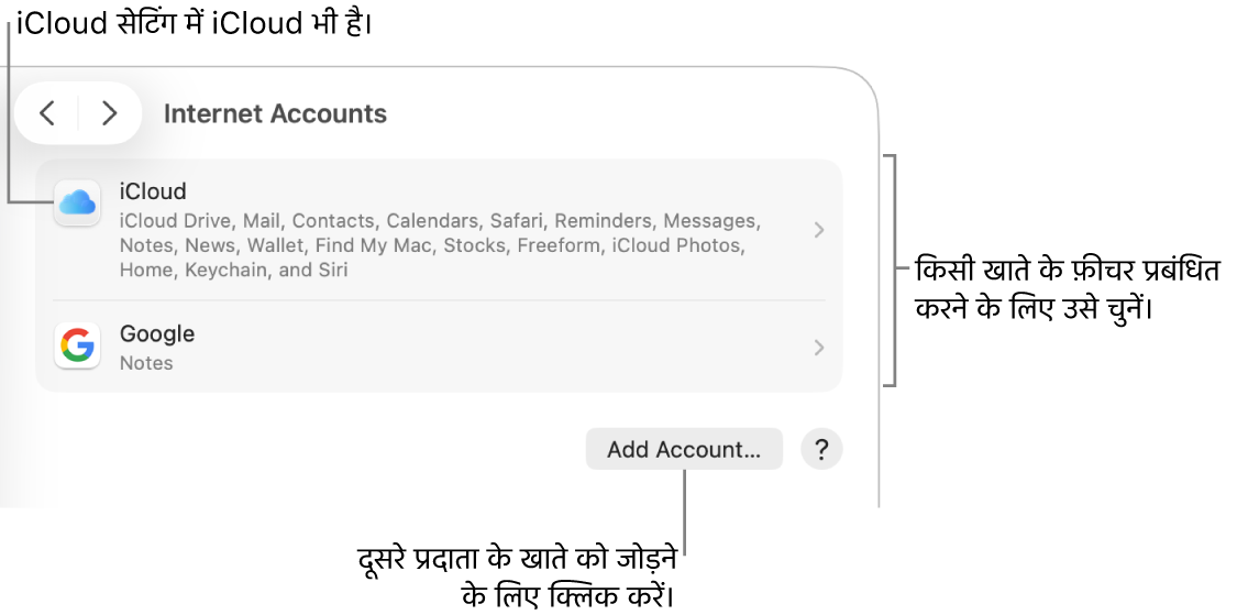 उन खातों के साथ इंटरनेट खाता सेटिंग्ज़ जो सूचीबद्ध Mac पर सेटअप किए गए हैं।