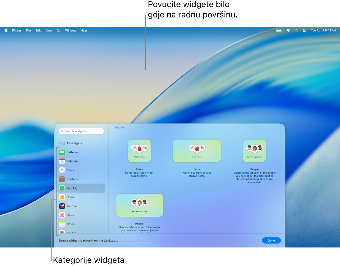 Galerija widgeta s prikazom popisa kategorija s lijeve strane i dostupnim widgetima s desne.