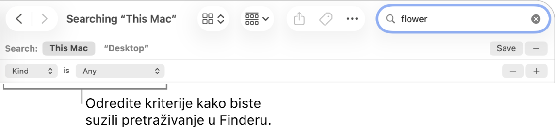Prozor Findera s poljima za određivanje kriterija pretrage.