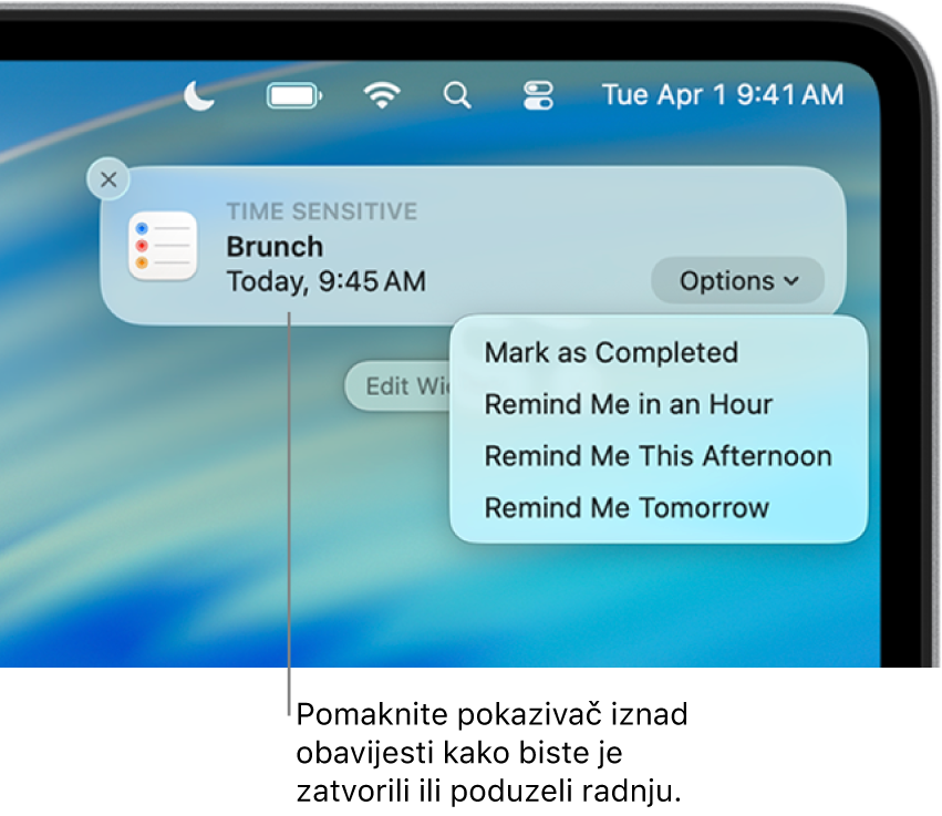 Obavijesti aplikacija za podsjetnik u gornjem desnom kutu radne površine, uključujući opcije za Označi kao dovršeno ili Podsjeti me za sat vremena.