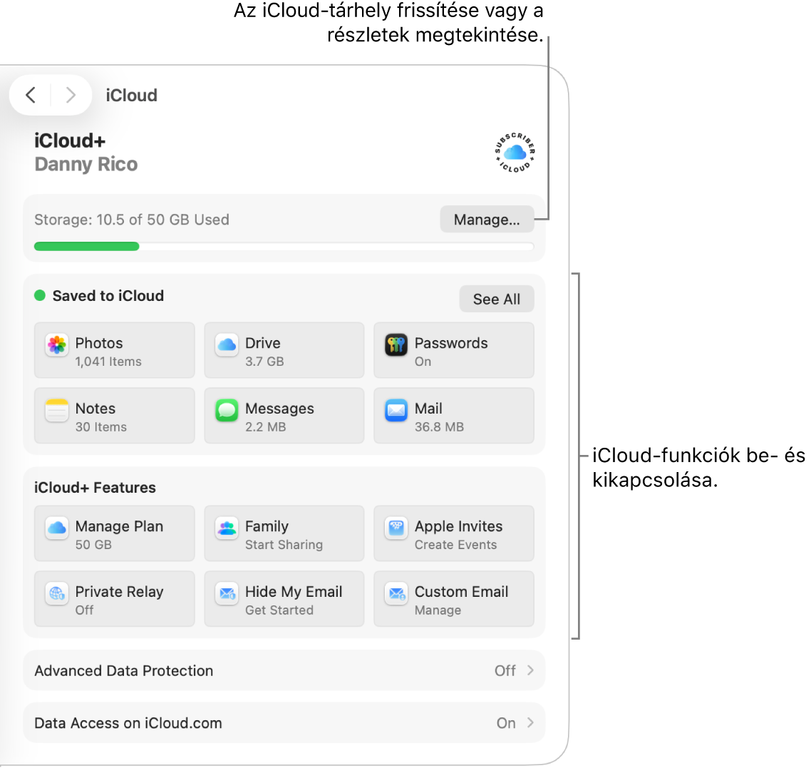 A leggyakrabban használt funkciók iCloud-beállításai.