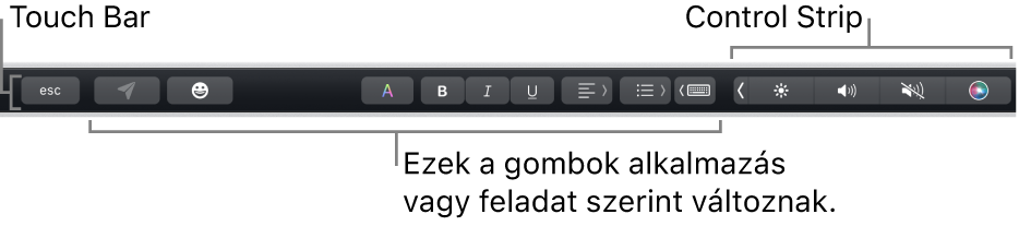 A billentyűzet tetején lévő Touch Bar, bal oldalán az adott apptól vagy feladattól függő gombokkal, jobb oldalán pedig az összecsukott Control Strippel.