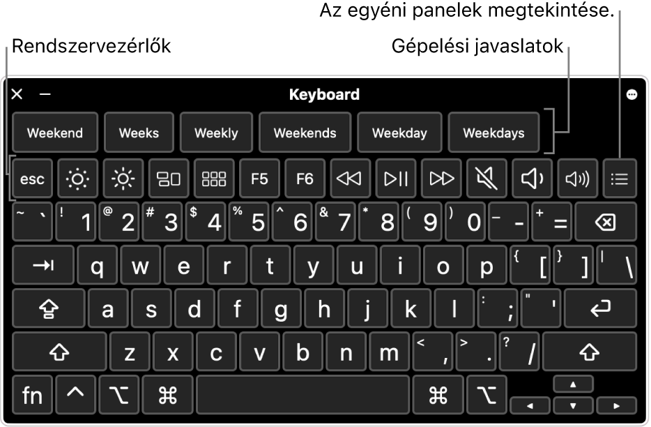 A Kisegítő lehetőségek billentyűzete a tetején gépelési javaslatokkal. Lent egy rendszer-vezérlőelemekhez tartozó gombsor látható, melyekkel egyebek mellett be lehet állítani a képernyő fényerejét, és egyéni paneleket lehet megjeleníteni.