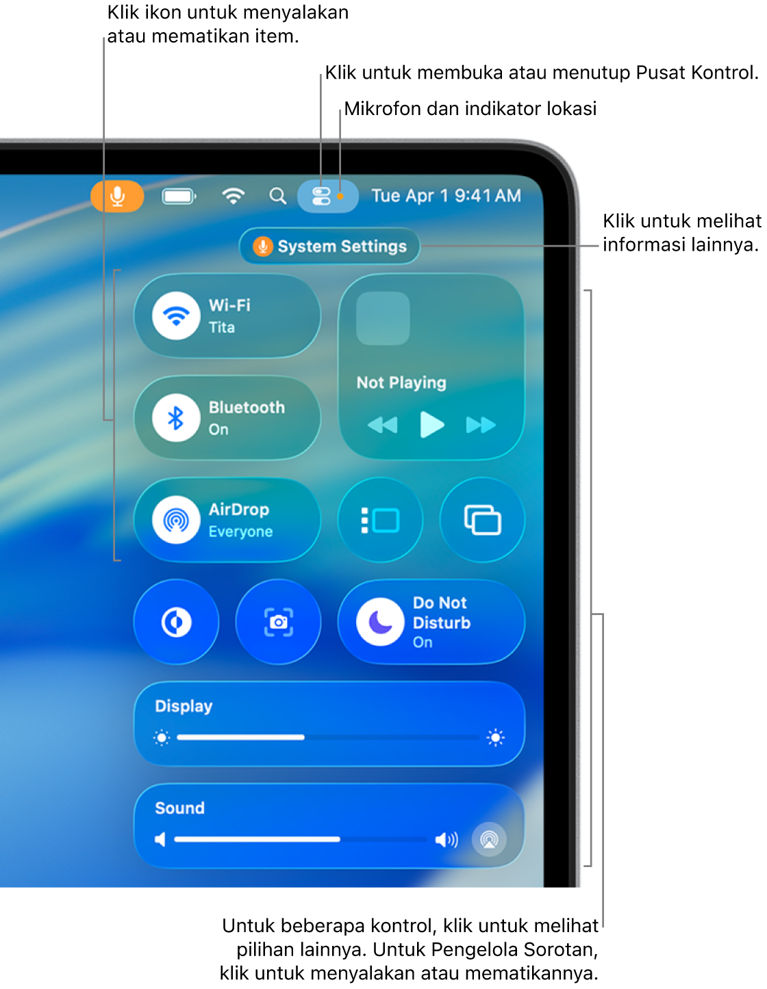 Pusat Kontrol di bagian kanan atas layar, menampilkan kontrol untuk Wi-Fi, Fokus, Bunyi, dan Sedang Diputar, di antaranya.
