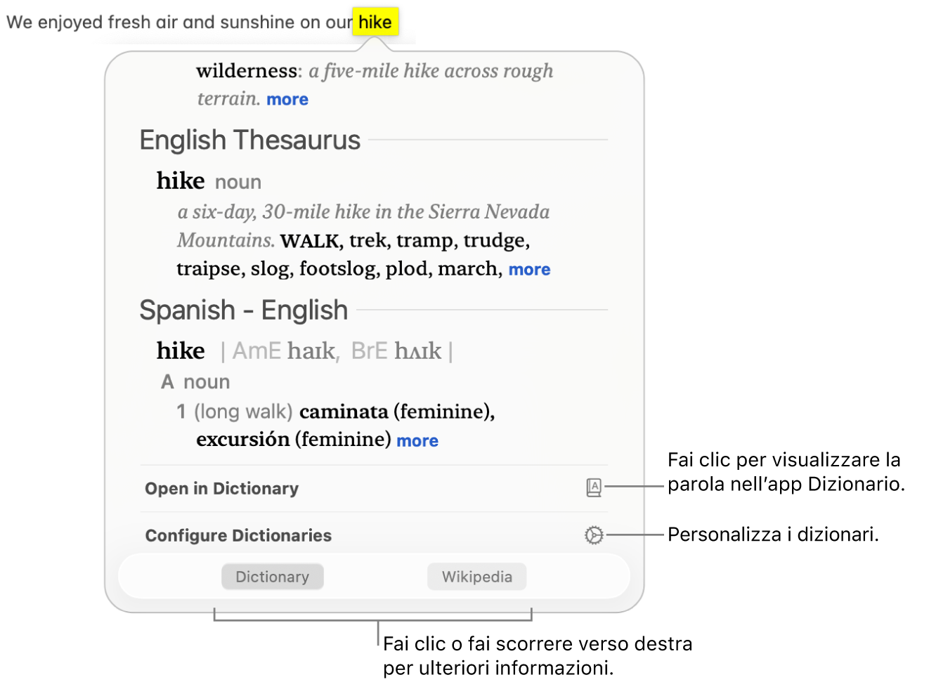 La finestra di ricerca che mostra le definizioni di una parola in Dizionario e Sinonimi e contrari.