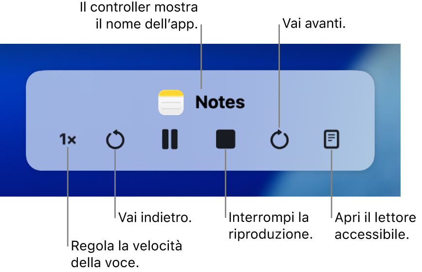 Il controller sullo schermo che può essere mostrato quando il Mac legge ad alta voce il testo selezionato. Il controller include sei pulsanti che ti consentono, da sinistra a destra, di regolare la velocità di lettura, andare indietro, riprodurre o mettere in pausa il parlato, interrompere il parlato, andare avanti e aprire il lettore accessibile. Il nome dell’app viene mostrato in alto sul controller.