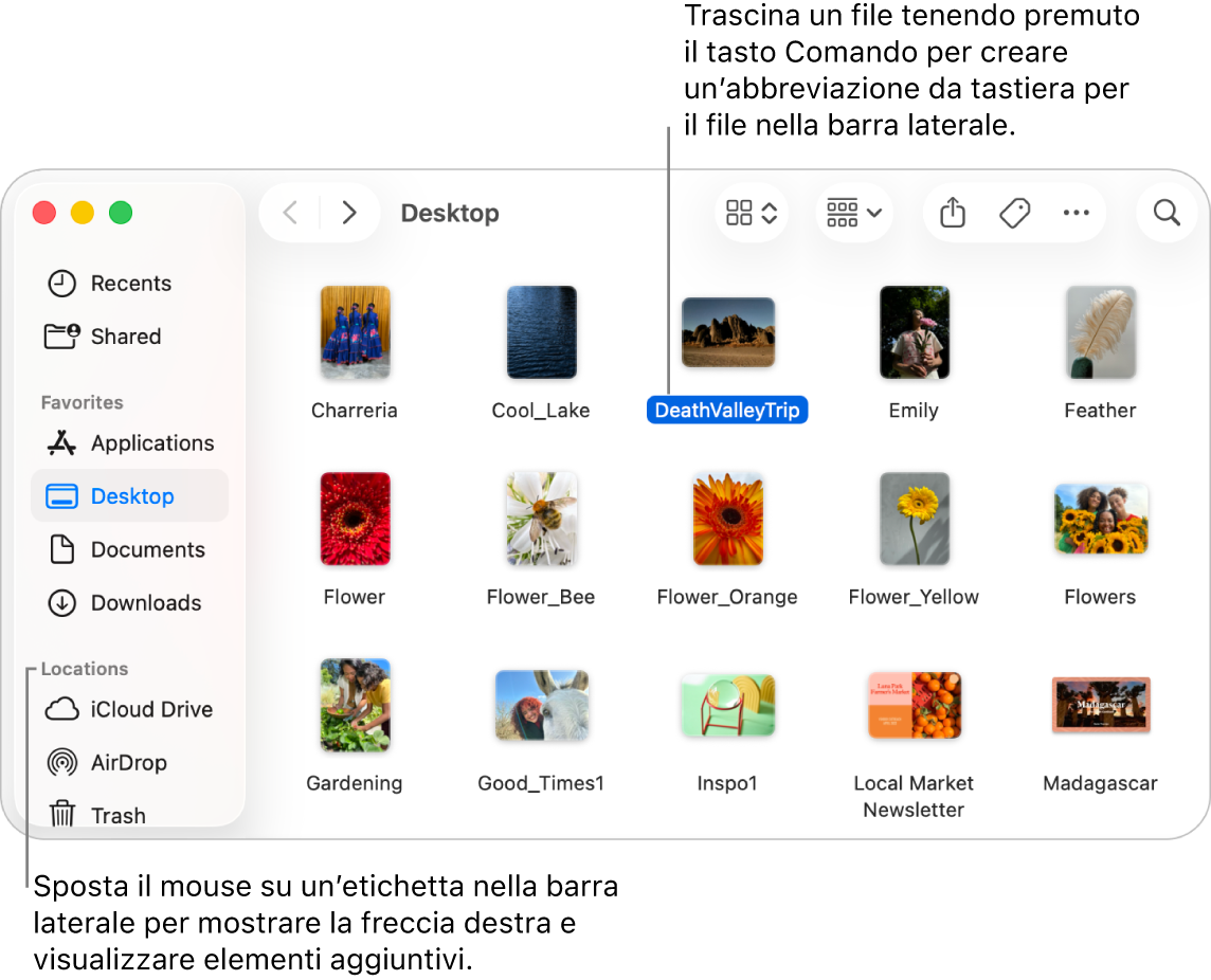 Alla destra di Posizioni, nella barra laterale del Finder, è presente una freccia su cui fare clic per mostrare elementi aggiuntivi. Nella finestra del Finder sulla destra, c’è un file selezionato e un’abbreviazione al file nella barra laterale, sotto Preferiti.