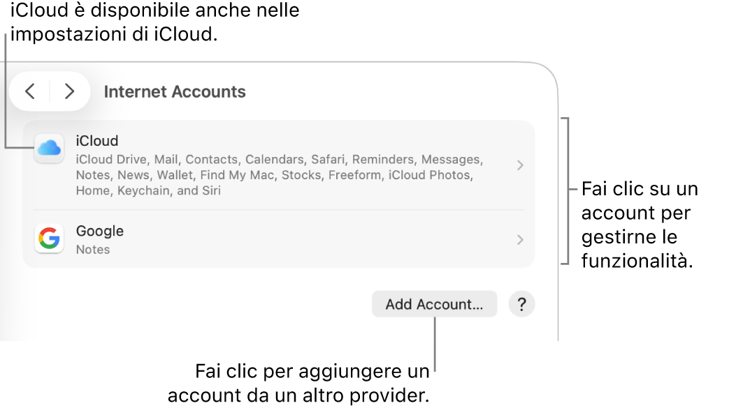 Impostazioni di Account Internet con l’elenco degli account che sono configurati sul Mac.
