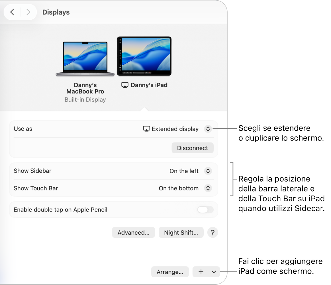 Il pannello delle impostazioni Schermi sul Mac che mostra le opzioni per configurare Sidecar.