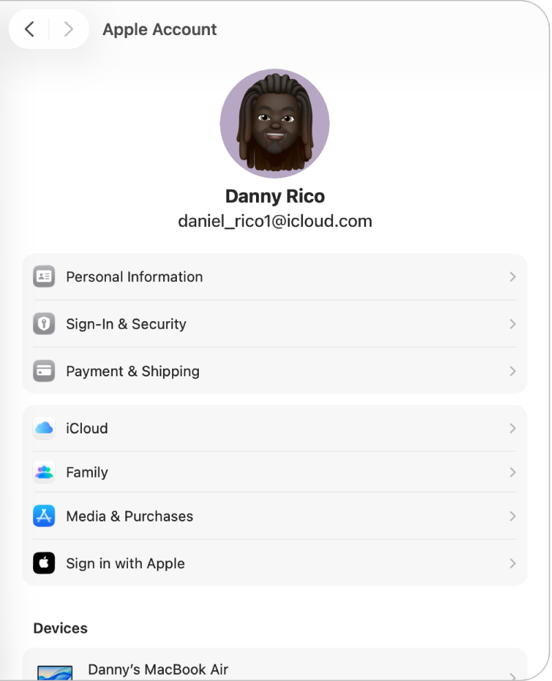 「Apple Account」設定。Apple Accountのピクチャが上に表示されています。