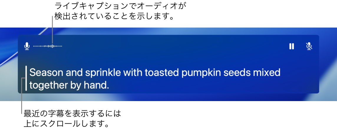 コンピュータのマイク音声のリアルタイムのテキスト変換は、「ライブキャプション」ウインドウにスクロール可能なテキストとして表示されます。
