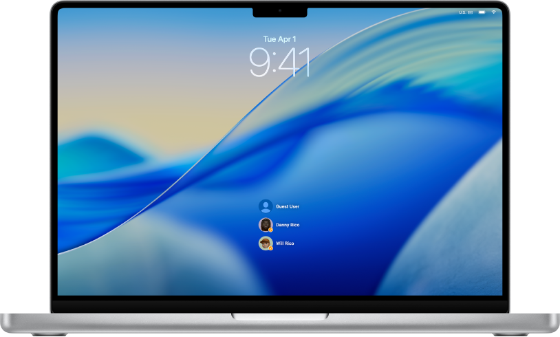 3つのユーザアカウントが下部に並んだロック画面が表示されているMacのデスクトップ。