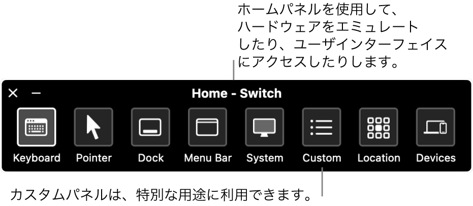 スイッチコントロールの「ホーム」パネルには、左から右へ順に、キーボード、ポインタ、Dock、メニューバー、システムコントロール、カスタムパネル、画面の場所、およびその他のデバイスを制御するボタンが含まれています。