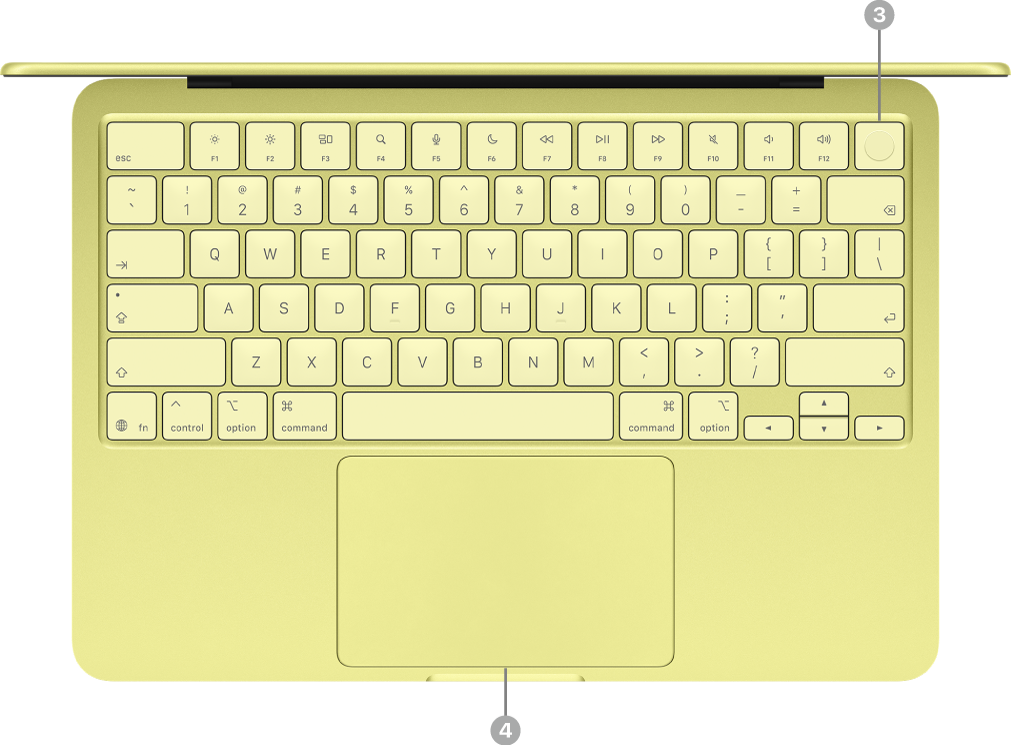 Bahagian atas MacBook Neo yang menunjukkan butang kuasa (Kekunci Kunci atau Touch ID) dan trackpad.