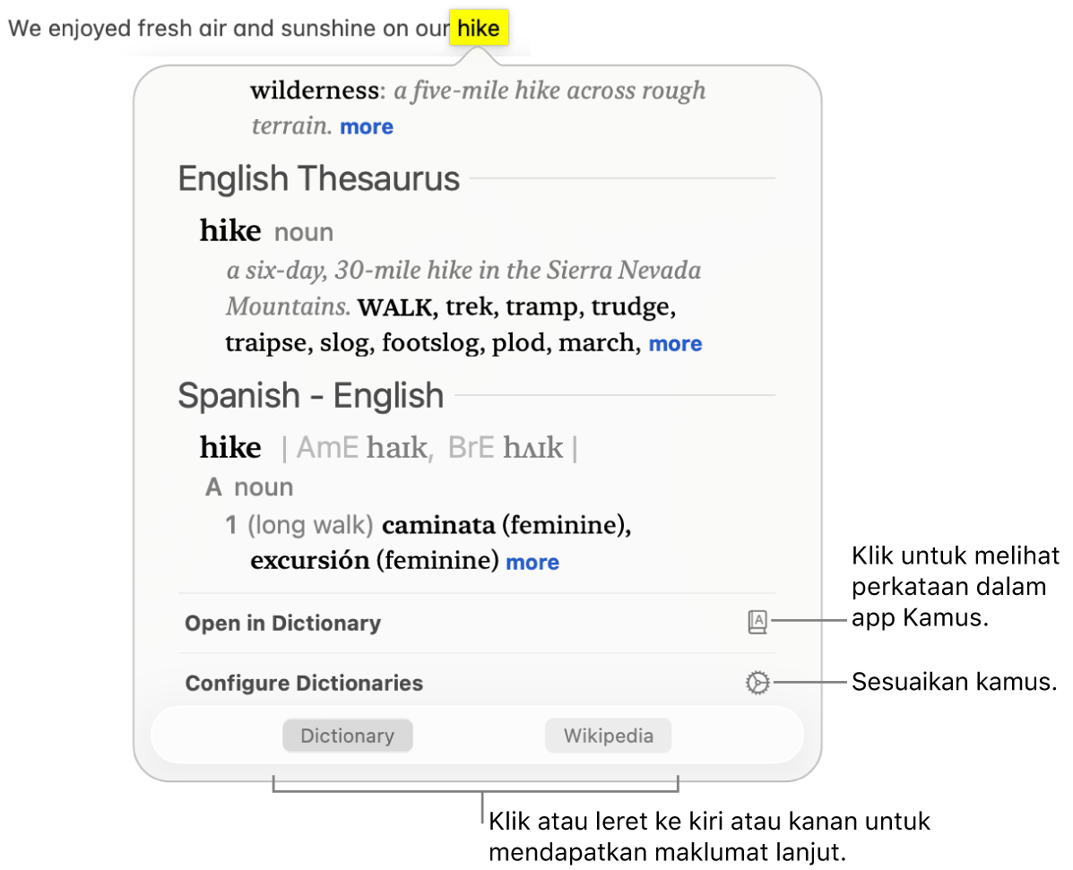 Tetingkap Cari menunjukkan definisi Kamus dan Tesaurus untuk perkataan.