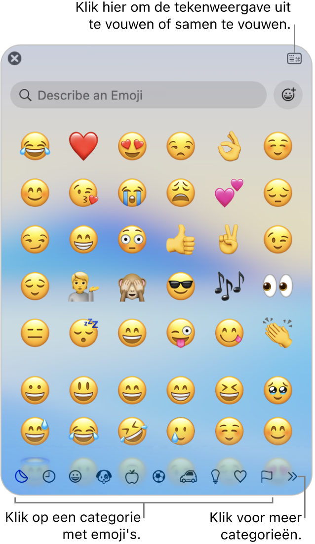 Het venster 'Tekenweergave'. Klik op een categorie onderin om door de tekens of symbolen te bladeren. Voer in het zoekveld de naam of code van een symbool in om een specifiek teken te vinden. Klik in de rechterbovenhoek om het venster uit te vouwen of samen te vouwen.