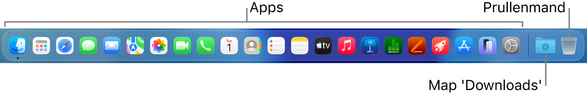 Het Dock met symbolen voor apps, de map 'Downloads' en de prullenmand.