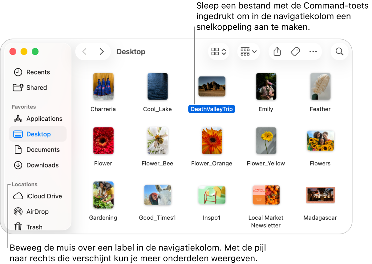 Rechts van 'Locaties' in de Finder-navigatiekolom kun je op een pijl klikken om meer onderdelen weer te geven. In het Finder-venster aan de rechterkant is een bestand geselecteerd en in de navigatiekolom zie je onder 'Favorieten' een snelkoppeling naar het bestand.