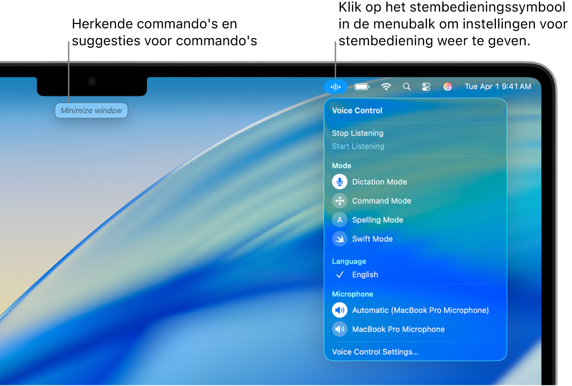 Een suggestie voor een commando wordt bovenaan het bureaublad weergegeven. Aan de rechterkant wordt het symbool van stembediening in de menubalk getoond en het menu van stembediening is geopend.