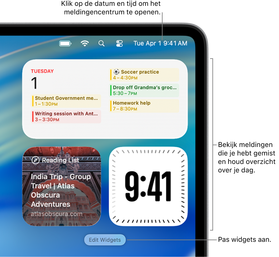 Meldingen en widgets in het meldingencentrum.