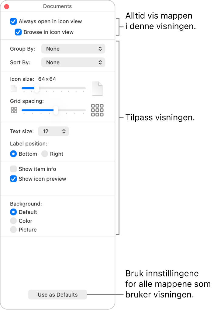 Symbolvisningsvalg for en mappe.