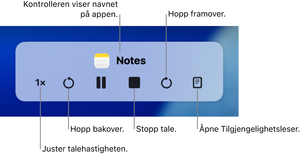 Kontrolleren på skjermen som kan vises når Macen leser opp markert tekst. Kontrolleren har seks knapper, slik at du kan, fra venstre til høyre, justere talehastigheten, hoppe bakover, spille av opplesingen eller stoppe opplesingen midlertidig, stoppe opplesingen, hoppe framover og åpne Tilgjengelighetsleser. Navnet på appen vises øverst på kontrolleren.