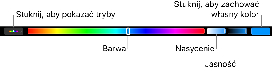 Pasek Touch Bar z suwakami barwy, nasycenia i jasności w trybie HSB. Po lewej stronie widoczny jest przycisk wyświetlający wszystkie tryby, natomiast po prawej znajduje się przycisk pozwalający na zachowanie własnego koloru.