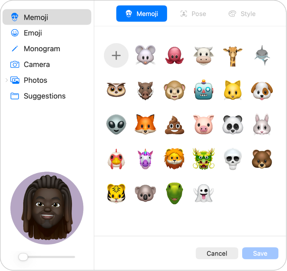 Opcje dotyczące obrazka konta Apple. Na pasku bocznym widoczna jest lista opcji dotyczących obrazka, między innymi Memoji, Monogram i Zdjęcia. Zaznaczona jest pozycja Memoji. Wyświetlana jest siatka różnych Memoji.