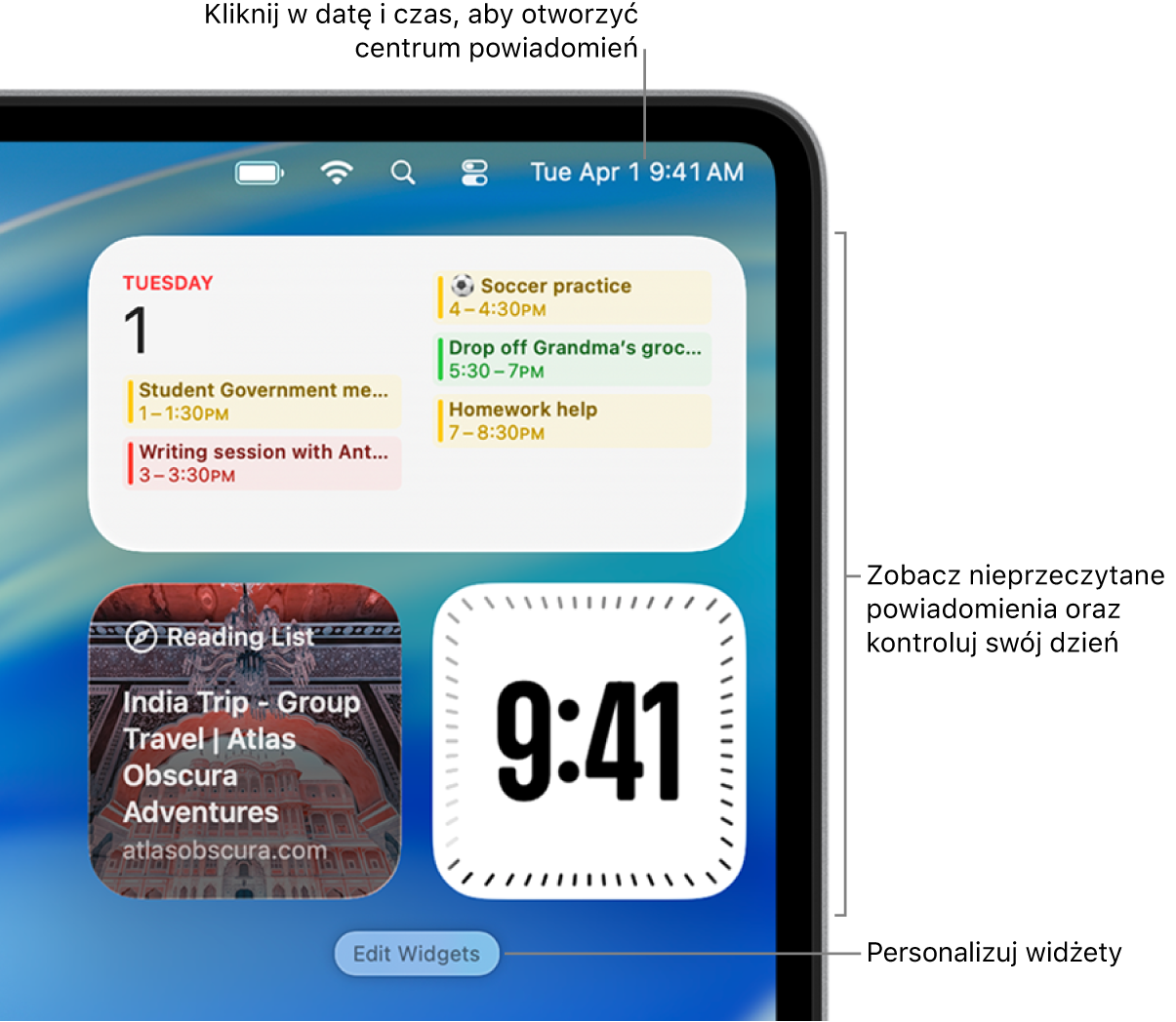 Powiadomienia i widżety w centrum powiadomień.