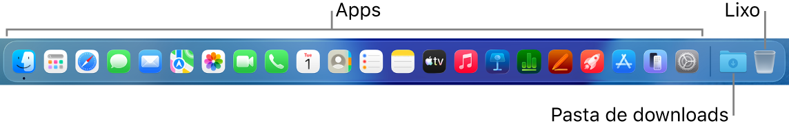 Dock mostrando ícones de apps, a pasta Downloads e o Lixo.