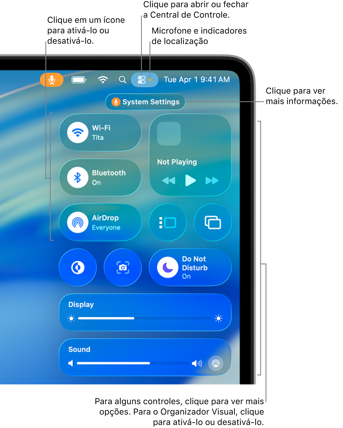 A Central de Controle na parte superior direita da tela, mostrando controles de Wi-Fi, Foco, Som e Reproduzindo, entre outros.