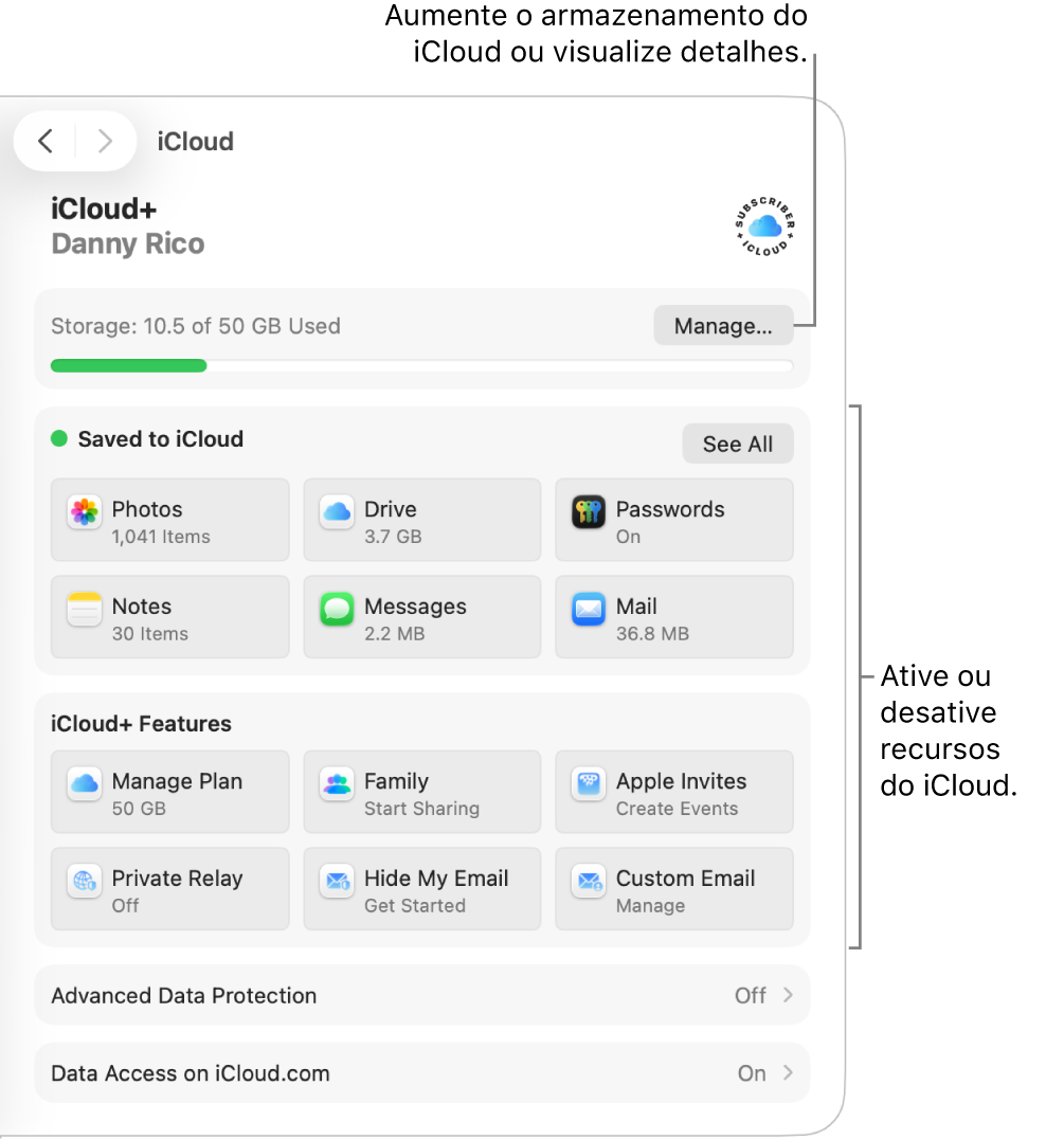 Ajustes do iCloud para os recursos mais usados.