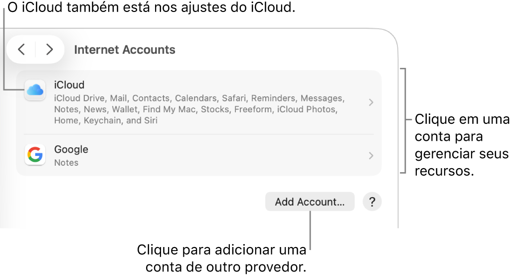 Os ajustes de Contas de Internet, com a lista das contas que estão configuradas no Mac.