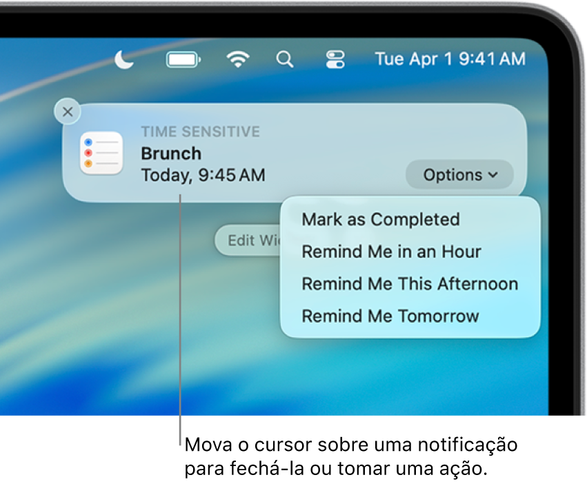 Notificação do app para um lembrete no canto superior direito da mesa, incluindo opções para Marcar como Concluído ou Lembre-me em uma Hora.