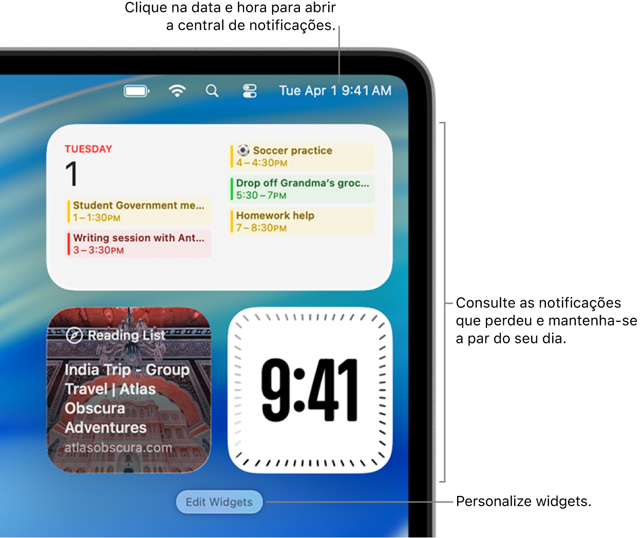 Notificações e widgets na central de notificações.