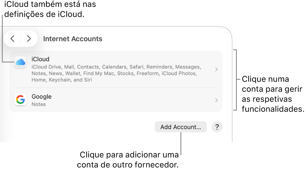 As definições de Contas da internet com uma lista das contas que estão configuradas no Mac.