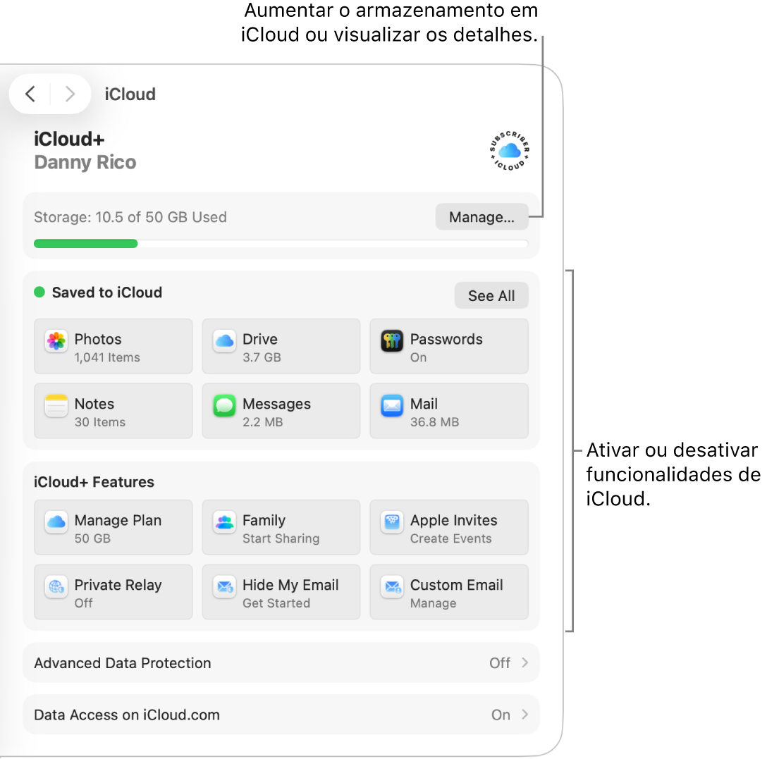 Definições de iCloud para as funcionalidades mais usadas.