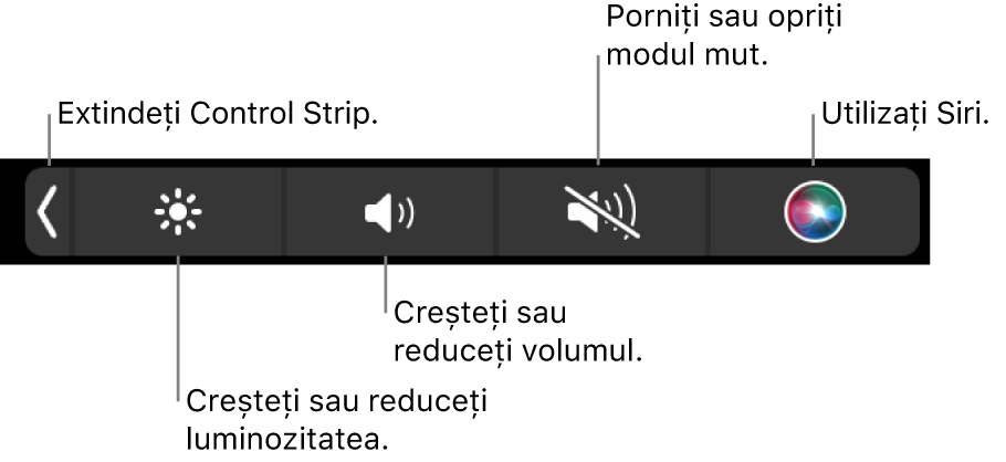 Control Strip restrâns include butoane – de la stânga la dreapta – pentru extinderea Control Strip, creșterea sau reducerea luminozității ecranului și a volumului, activarea sau dezactivarea modului mut și utilizarea Siri.