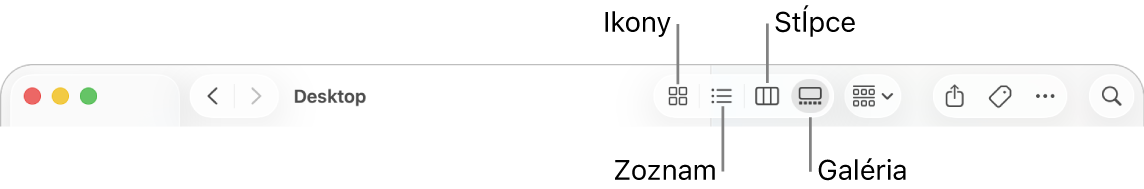 Horná časť okna Findera zobrazujúca tlačidlá Možnosti zobrazenia pre priečinok.