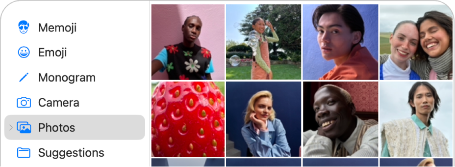 Možnosti slike za račun Apple z izbrano fotografijo v stranski vrstici in prikazanimi različnimi fotografijami.